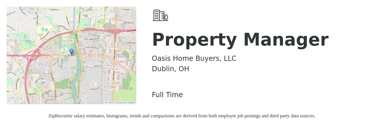 Oasis Home Buyers, LLC job posting for a Property Manager in Dublin, OH with a salary of $70,000 to $90,000 Yearly with a map of Dublin location.