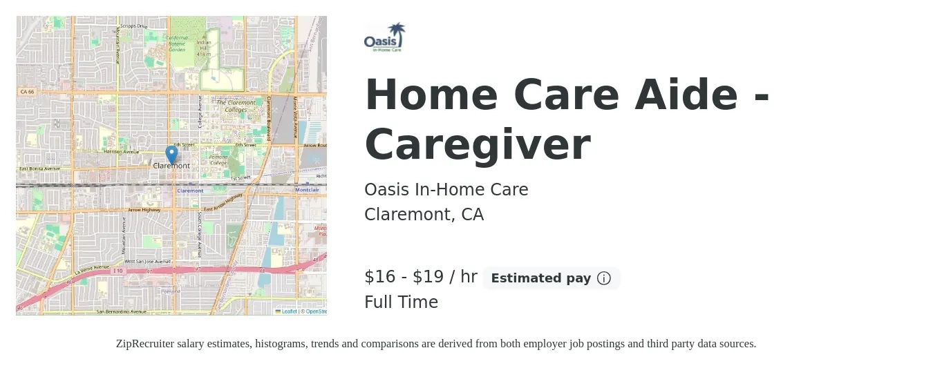 Oasis In-Home Care job posting for a Home Care Aide - Caregiver in Claremont, CA with a salary of $17 to $20 Hourly with a map of Claremont location.