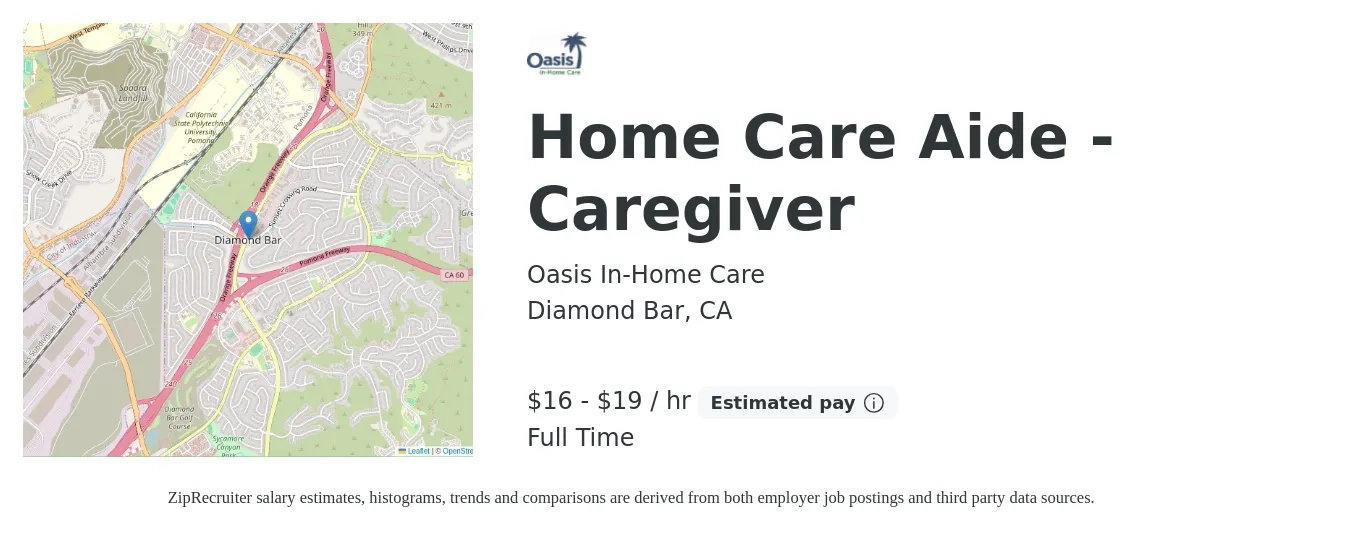 Oasis In-Home Care job posting for a Home Care Aide - Caregiver in Diamond Bar, CA with a salary of $17 to $20 Hourly with a map of Diamond Bar location.