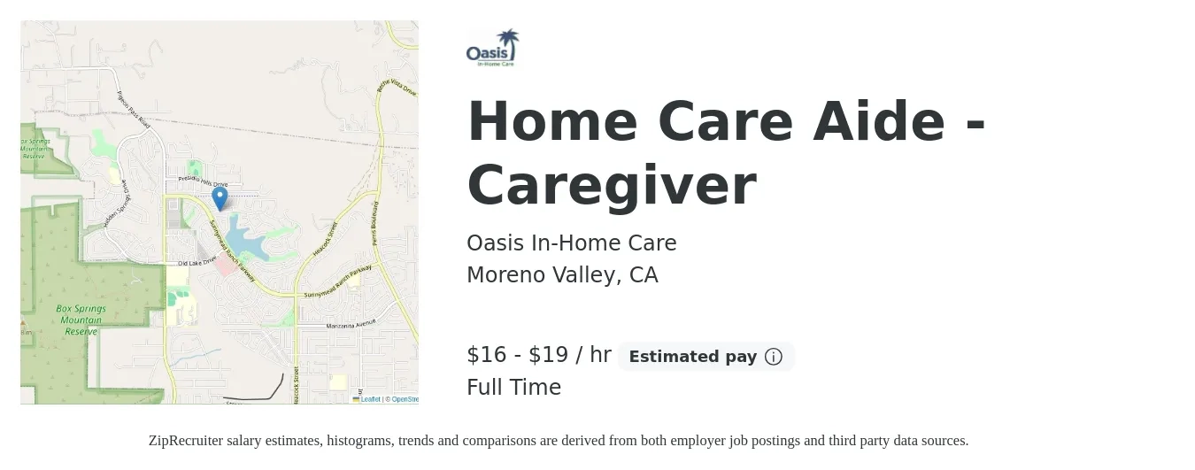 Oasis In-Home Care job posting for a Home Care Aide - Caregiver in Moreno Valley, CA with a salary of $17 to $20 Hourly with a map of Moreno Valley location.
