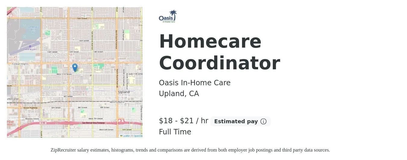 Oasis In-Home Care job posting for a Homecare Coordinator in Upland, CA with a salary of $19 to $23 Hourly with a map of Upland location.