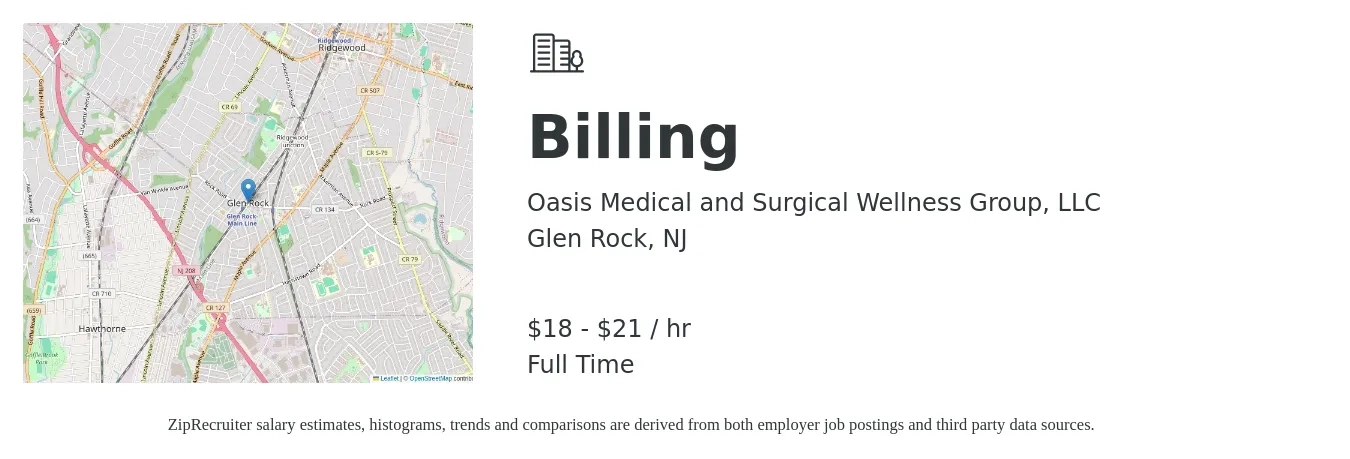 Oasis Medical and Surgical Wellness Group, LLC job posting for a Billing in Glen Rock, NJ with a salary of $19 to $22 Hourly with a map of Glen Rock location.