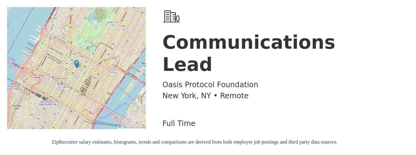 Oasis Protocol Foundation job posting for a Communications Lead in New York, NY with a salary of $31,200 to $31,700 Yearly with a map of New York location.
