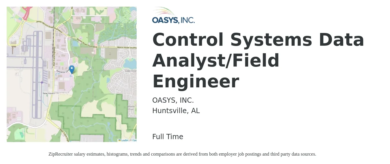 OASYS, INC. job posting for a Control Systems Data Analyst/Field Engineer in Huntsville, AL with a salary of $83,300 to $125,400 Yearly with a map of Huntsville location.