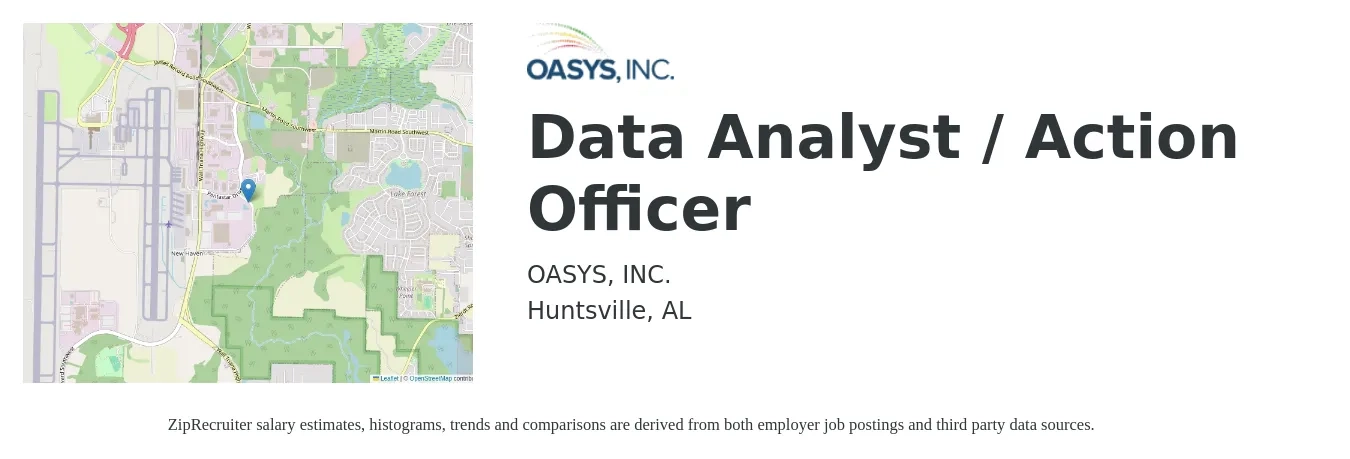 OASYS, INC. job posting for a Data Analyst / Action Officer in Huntsville, AL with a salary of $62,000 to $96,200 Yearly with a map of Huntsville location.