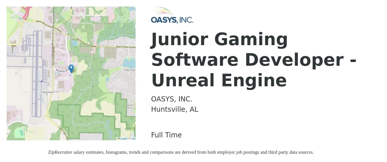 OASYS, INC. job posting for a Junior Gaming Software Developer - Unreal Engine in Huntsville, AL with a salary of $66,400 to $86,300 Yearly with a map of Huntsville location.