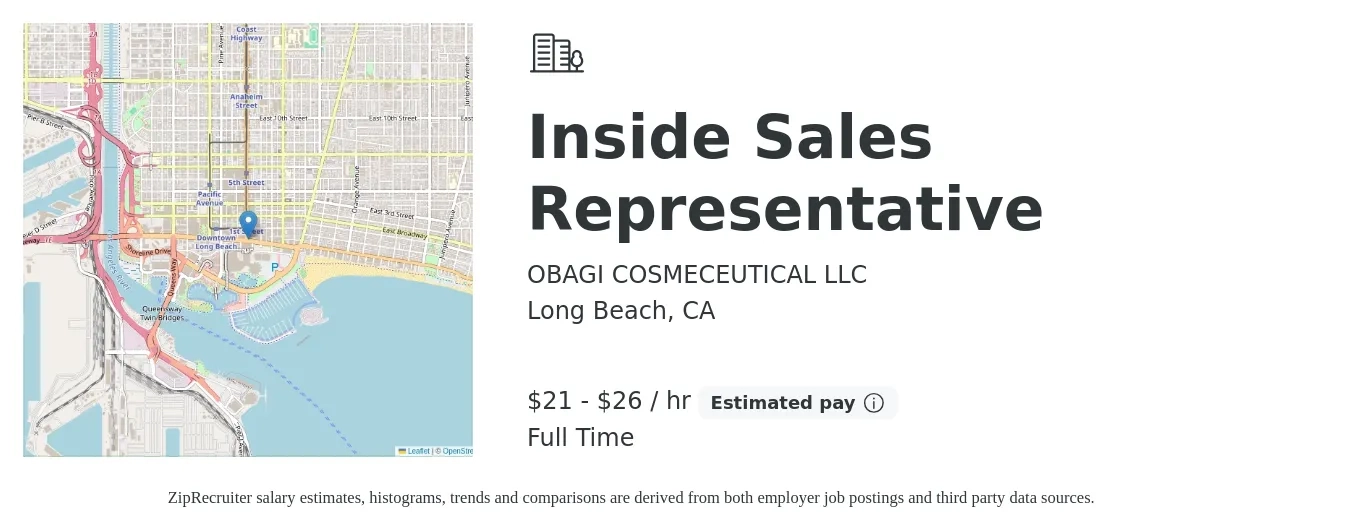 OBAGI COSMECEUTICAL LLC job posting for a Inside Sales Representative in Long Beach, CA with a salary of $22 to $28 Hourly with a map of Long Beach location.