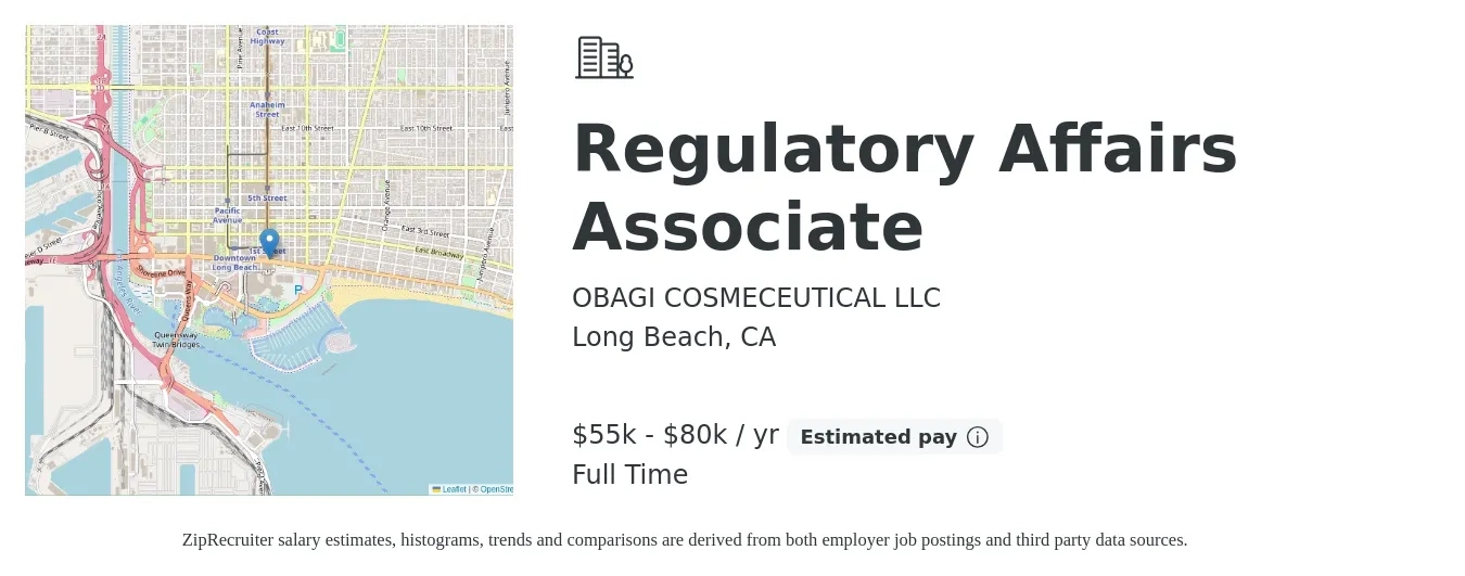OBAGI COSMECEUTICAL LLC job posting for a Regulatory Affairs Associate in Long Beach, CA with a salary of $55,000 to $80,000 Yearly with a map of Long Beach location.