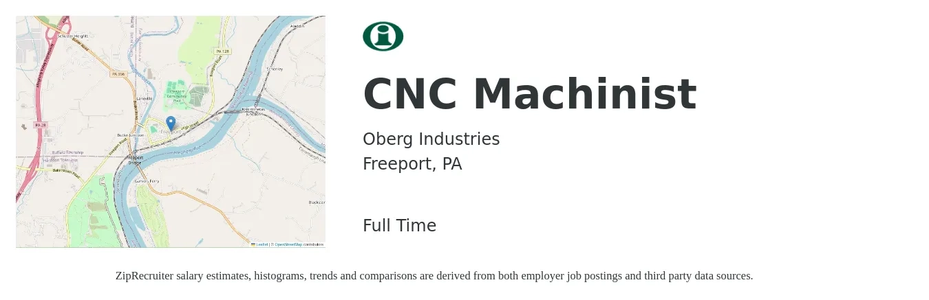 Oberg Industries job posting for a CNC Machinist in Freeport, PA with a salary of $20 to $27 Hourly with a map of Freeport location.