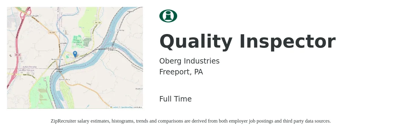 Oberg Industries job posting for a Quality Inspector in Freeport, PA with a salary of $16 to $23 Hourly with a map of Freeport location.
