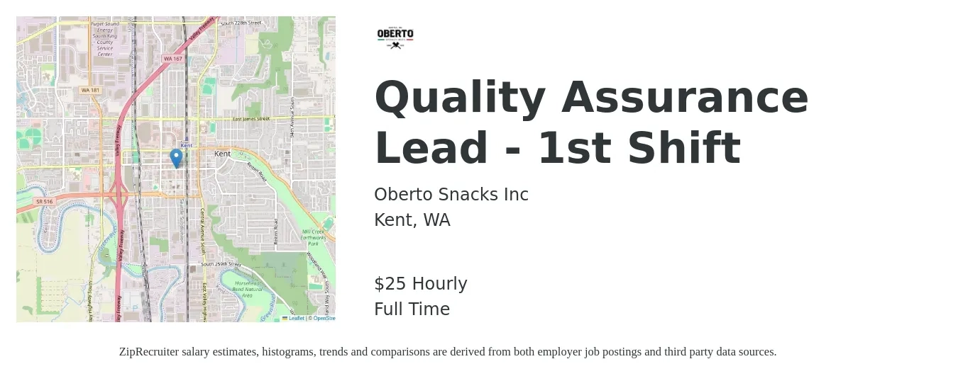 Oberto Snacks Inc job posting for a Quality Assurance Lead - 1st Shift in Kent, WA with a salary of $27 Yearly with a map of Kent location.