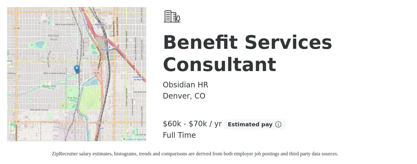 Obsidian HR job posting for a Benefit Services Consultant in Denver, CO with a salary of $60,000 to $70,000 Yearly with a map of Denver location.