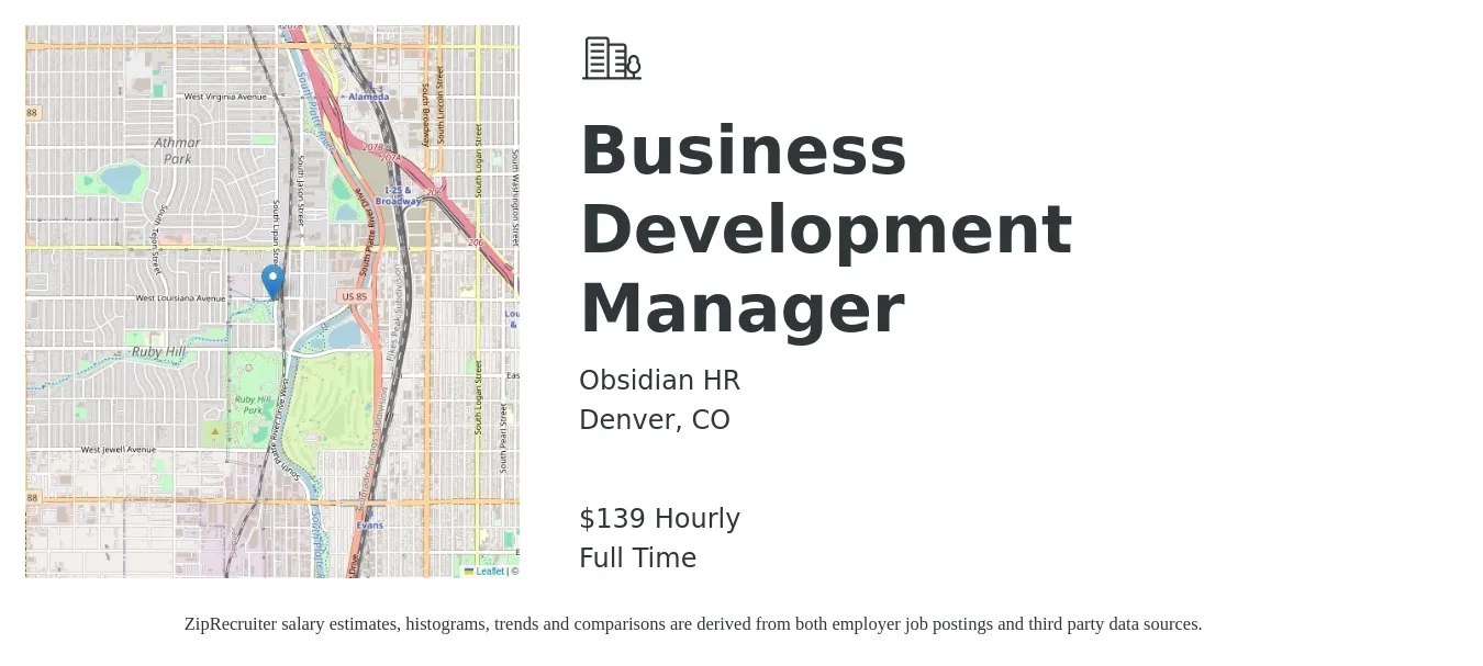 Obsidian HR job posting for a Business Development Manager in Denver, CO with a salary of $145 Hourly with a map of Denver location.