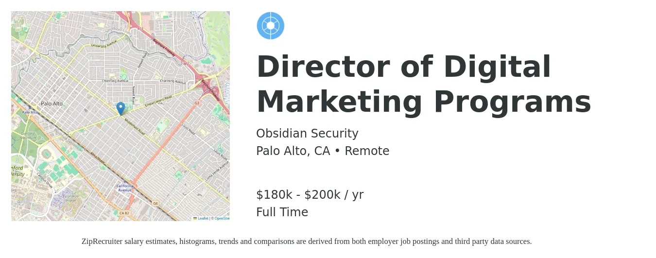 Obsidian Security job posting for a Director of Digital Marketing Programs in Palo Alto, CA with a salary of $180,000 to $200,000 Yearly with a map of Palo Alto location.