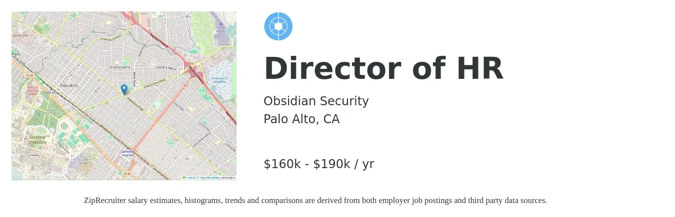 Obsidian Security Inc. job posting for a Director of HR in Palo Alto, CA with a salary of $160,000 to $190,000 Yearly with a map of Palo Alto location.