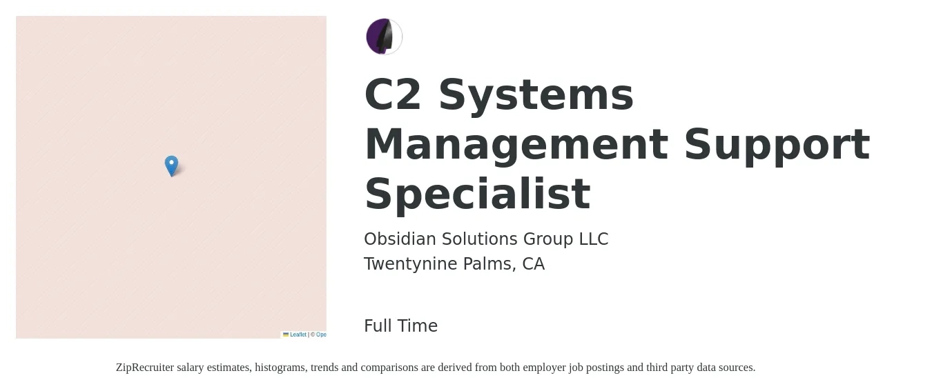 Obsidian Solutions Group LLC job posting for a C2 Systems Management Support Specialist in Twentynine Palms, CA with a salary of $46,000 to $79,200 Yearly with a map of Twentynine Palms location.