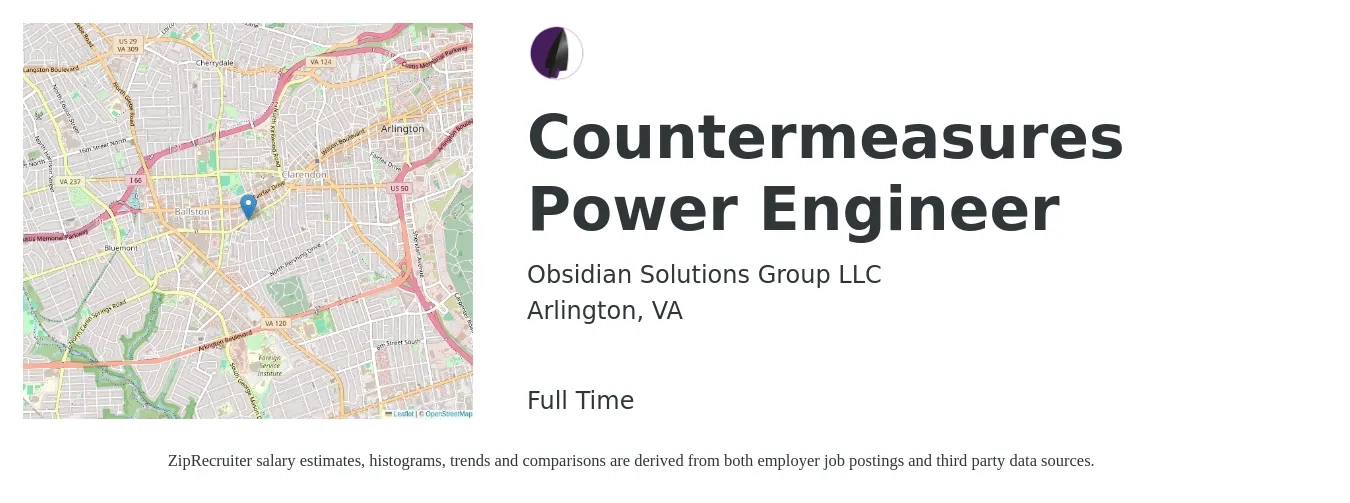 Obsidian Solutions Group LLC job posting for a Countermeasures Power Engineer in Arlington, VA with a salary of $163,400 to $181,100 Yearly with a map of Arlington location.