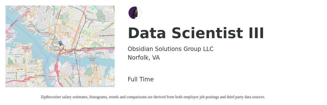 Obsidian Solutions Group LLC job posting for a Data Scientist III in Norfolk, VA with a salary of $129,200 to $164,500 Yearly with a map of Norfolk location.