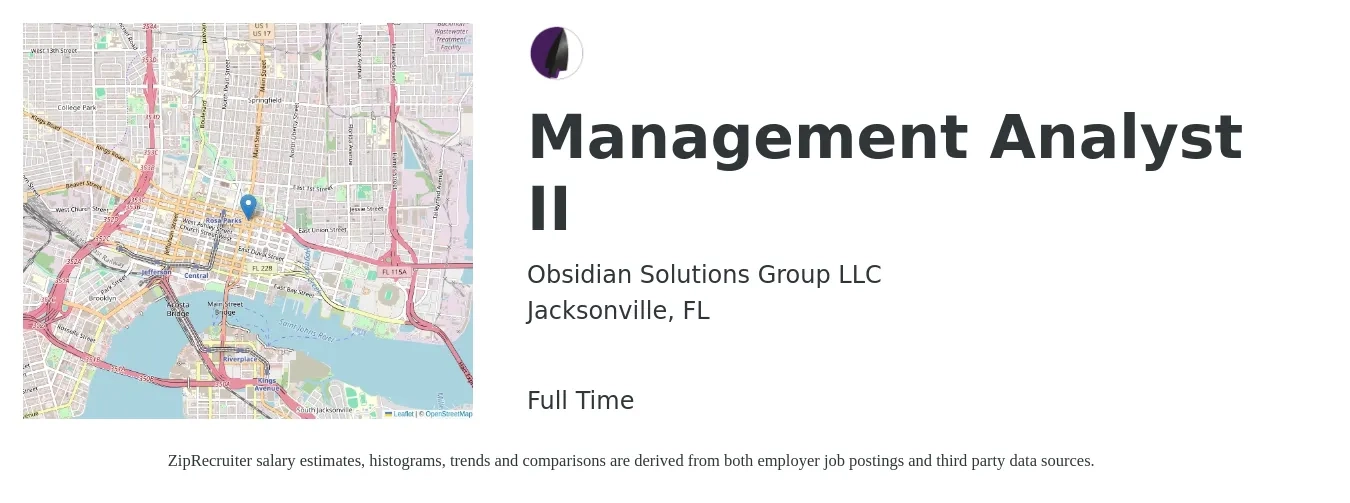 Obsidian Solutions Group LLC job posting for a Management Analyst II in Jacksonville, FL with a salary of $54,100 to $109,500 Yearly with a map of Jacksonville location.