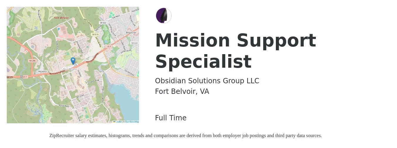 Obsidian Solutions Group LLC job posting for a Mission Support Specialist in Fort Belvoir, VA with a salary of $64,500 to $97,300 Yearly with a map of Fort Belvoir location.
