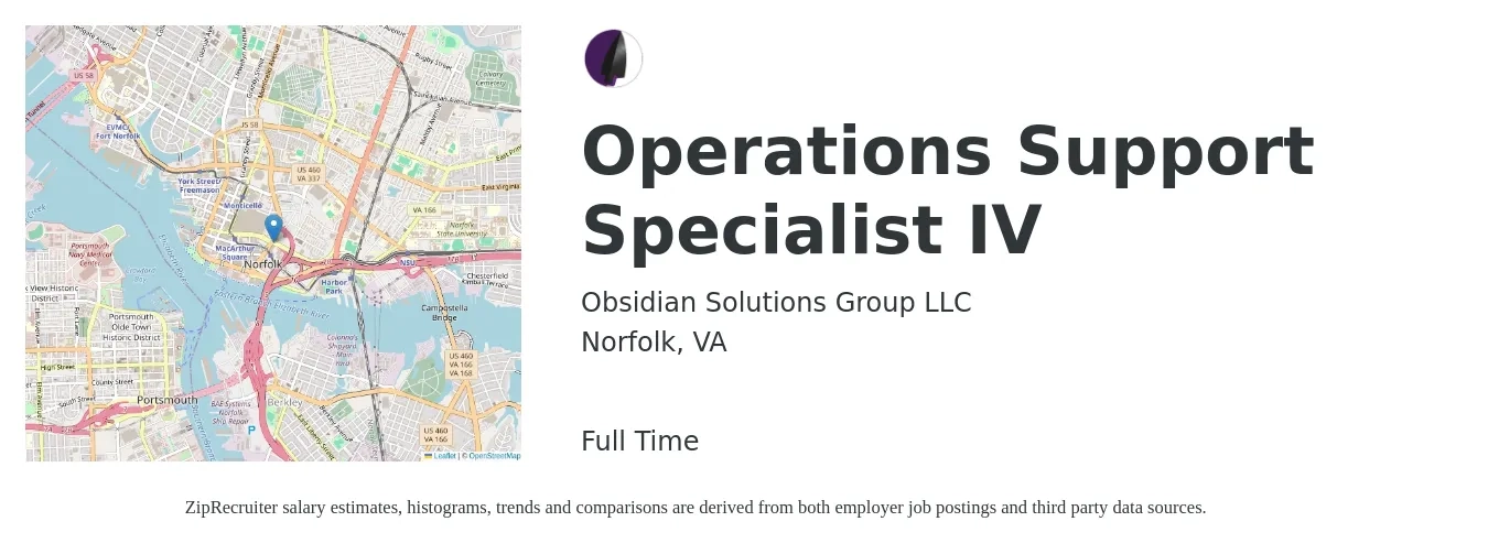 Obsidian Solutions Group LLC job posting for a Operations Support Specialist IV in Norfolk, VA with a salary of $49,800 to $66,800 Yearly with a map of Norfolk location.