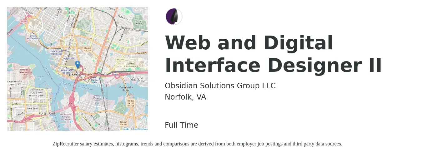 Obsidian Solutions Group LLC job posting for a Web and Digital Interface Designer II in Norfolk, VA with a salary of $81,300 to $120,000 Yearly with a map of Norfolk location.