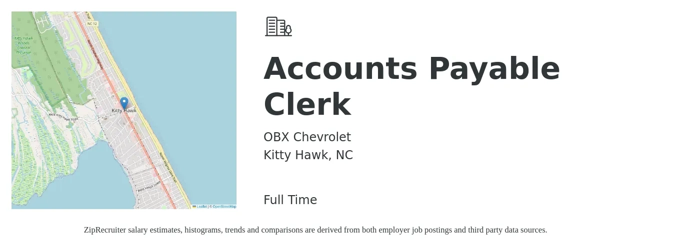 OBX Chevrolet job posting for a Accounts Payable Clerk in Kitty Hawk, NC with a salary of $18 to $22 Hourly with a map of Kitty Hawk location.