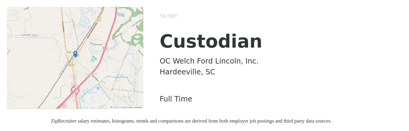 OC Welch Ford Lincoln, Inc. job posting for a Custodian in Hardeeville, SC with a salary of $13 to $16 Hourly with a map of Hardeeville location.