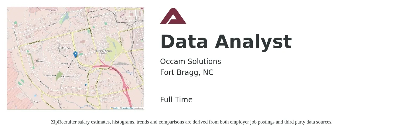 Occam Solutions job posting for a Data Analyst in Fort Bragg, NC with a salary of $61,500 to $95,400 Yearly with a map of Fort Bragg location.