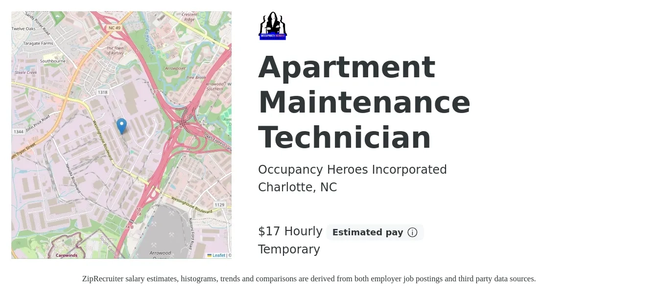 Occupancy Heroes Incorporated job posting for a Apartment Maintenance Technician in Charlotte, NC with a salary of $18 Hourly with a map of Charlotte location.