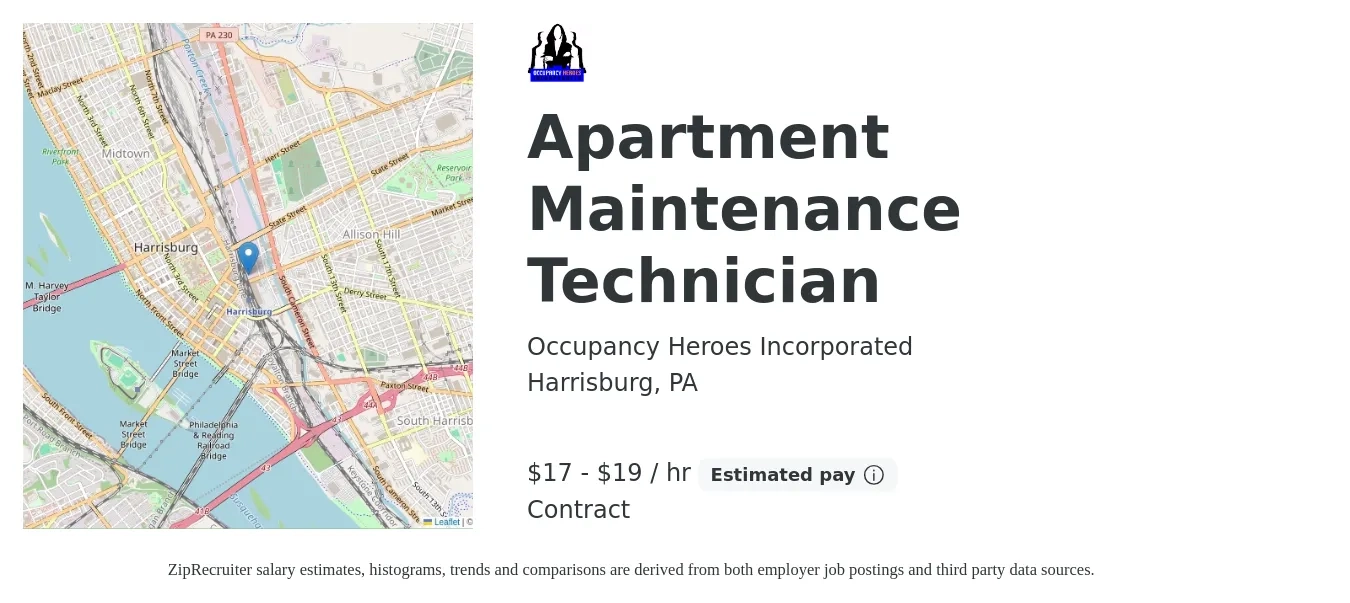 Occupancy Heroes Incorporated job posting for a Apartment Maintenance Technician in Harrisburg, PA with a salary of $18 to $20 Hourly with a map of Harrisburg location.