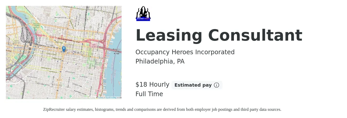 Occupancy Heroes Incorporated job posting for a Leasing Consultant in Philadelphia, PA with a salary of $19 Hourly with a map of Philadelphia location.
