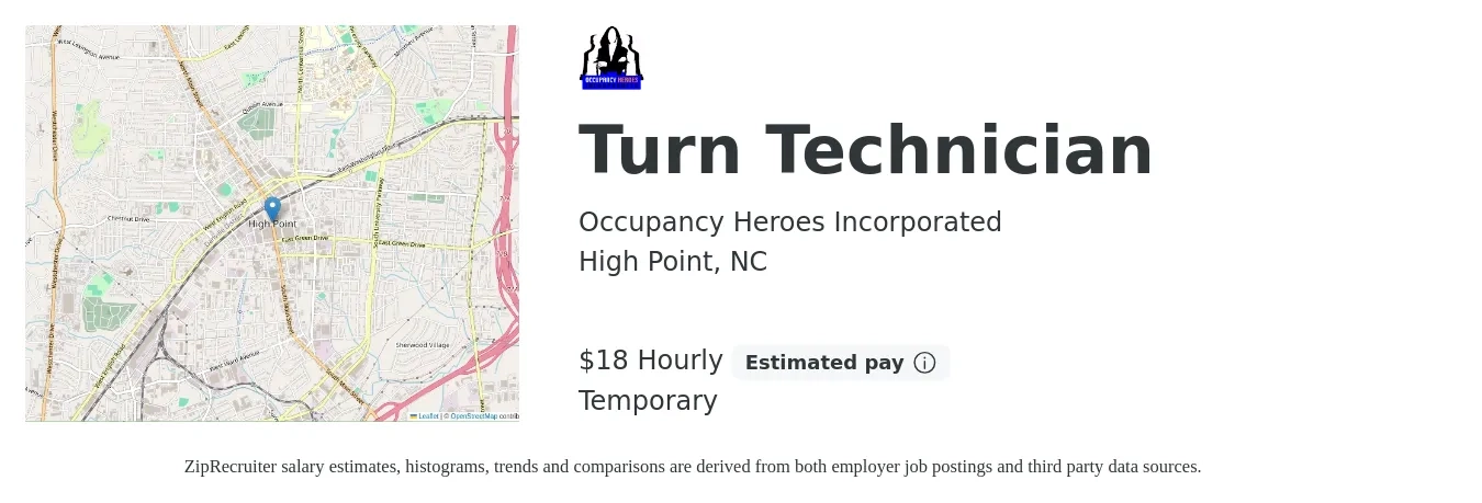 Occupancy Heroes Incorporated job posting for a Turn Technician in High Point, NC with a salary of $19 Hourly with a map of High Point location.