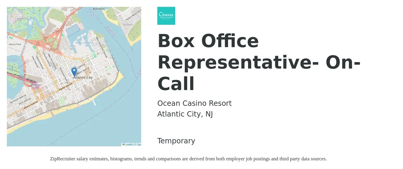 Ocean Casino Resort job posting for a Box Office Representative- On-Call in Atlantic City, NJ with a salary of $37,700 to $43,200 Yearly with a map of Atlantic City location.