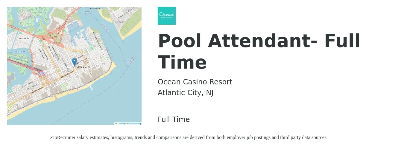 Ocean Casino Resort job posting for a Pool Attendant- Full Time in Atlantic City, NJ with a salary of $13 to $17 Hourly with a map of Atlantic City location.