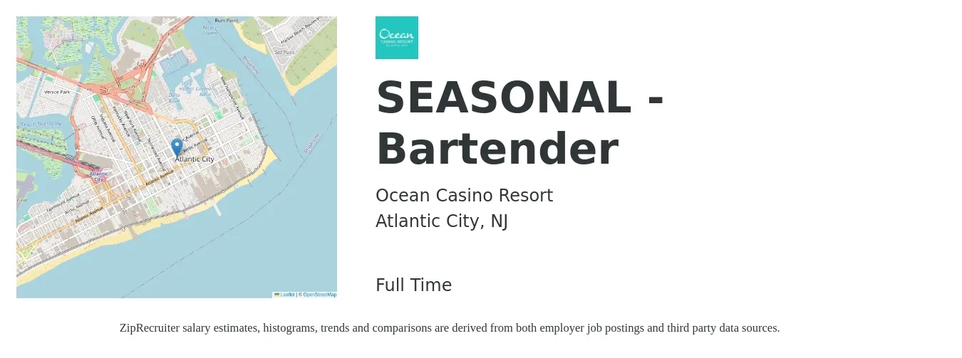 Ocean Casino Resort job posting for a SEASONAL - Bartender in Atlantic City, NJ with a salary of $10 to $19 Hourly with a map of Atlantic City location.