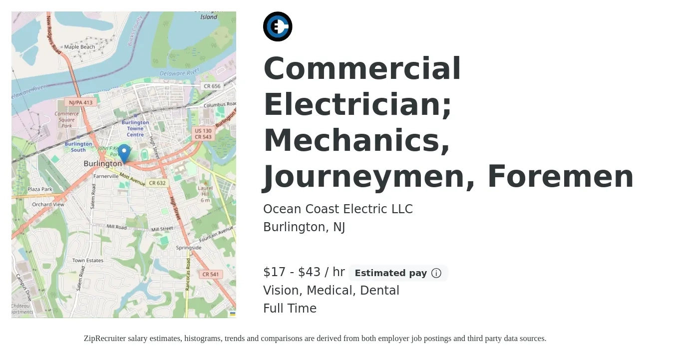 Ocean Coast Electric LLC job posting for a Commercial Electrician; Mechanics, Journeymen, Foremen in Burlington, NJ with a salary of $18 to $45 Hourly and benefits including dental, life_insurance, medical, pto, retirement, and vision with a map of Burlington location.