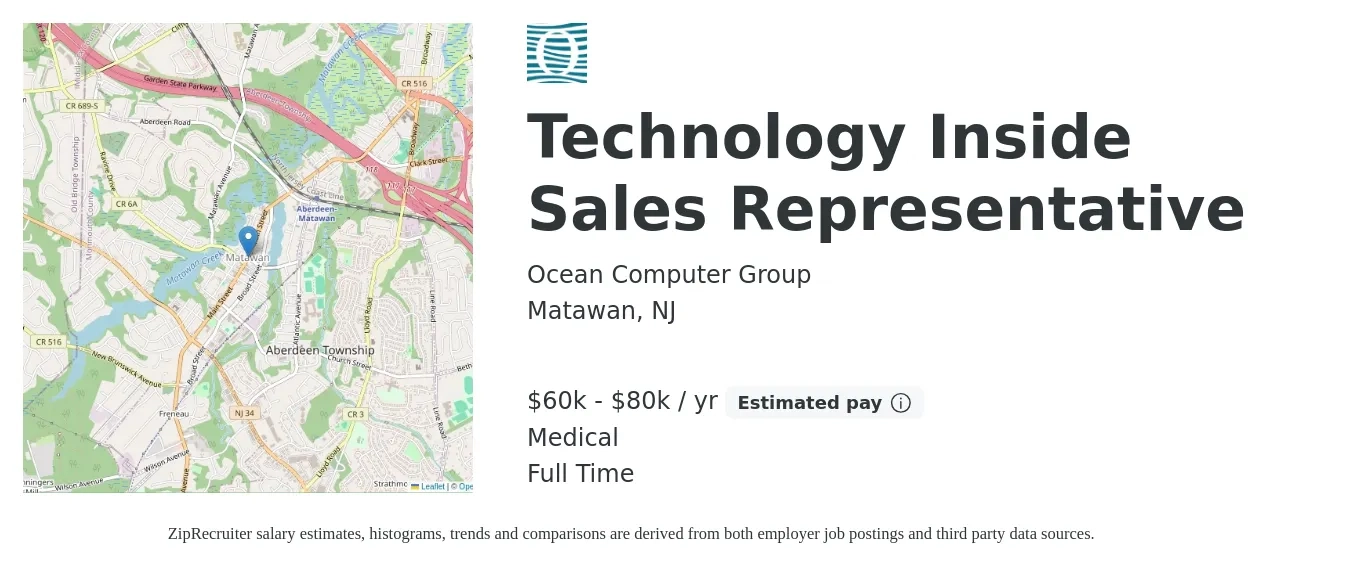 Ocean Computer Group job posting for a Technology Inside Sales Representative in Matawan, NJ with a salary of $60,000 to $80,000 Yearly (plus commission) and benefits including medical, retirement, and life_insurance with a map of Matawan location.
