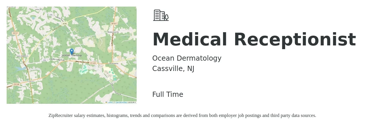 Ocean Dermatology job posting for a Medical Receptionist in Cassville, NJ with a salary of $17 to $20 Hourly with a map of Cassville location.