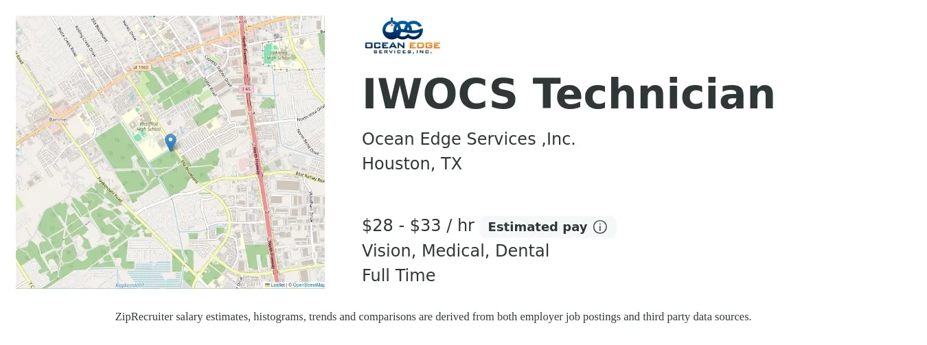 Ocean Edge Services ,Inc. job posting for a IWOCS Technician in Houston, TX with a salary of $30 to $35 Hourly and benefits including life_insurance, medical, pto, retirement, vision, and dental with a map of Houston location.