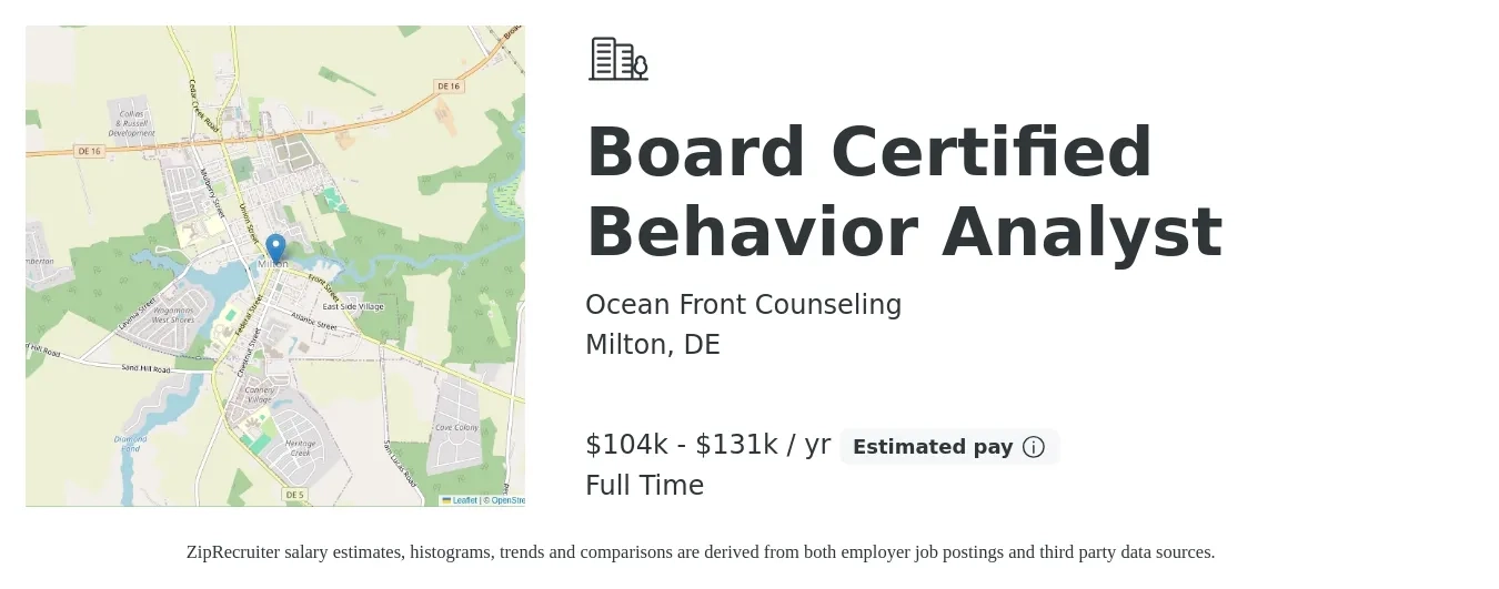 Ocean Front Counseling job posting for a Board Certified Behavior Analyst in Milton, DE with a salary of $104,000 to $131,000 Yearly with a map of Milton location.