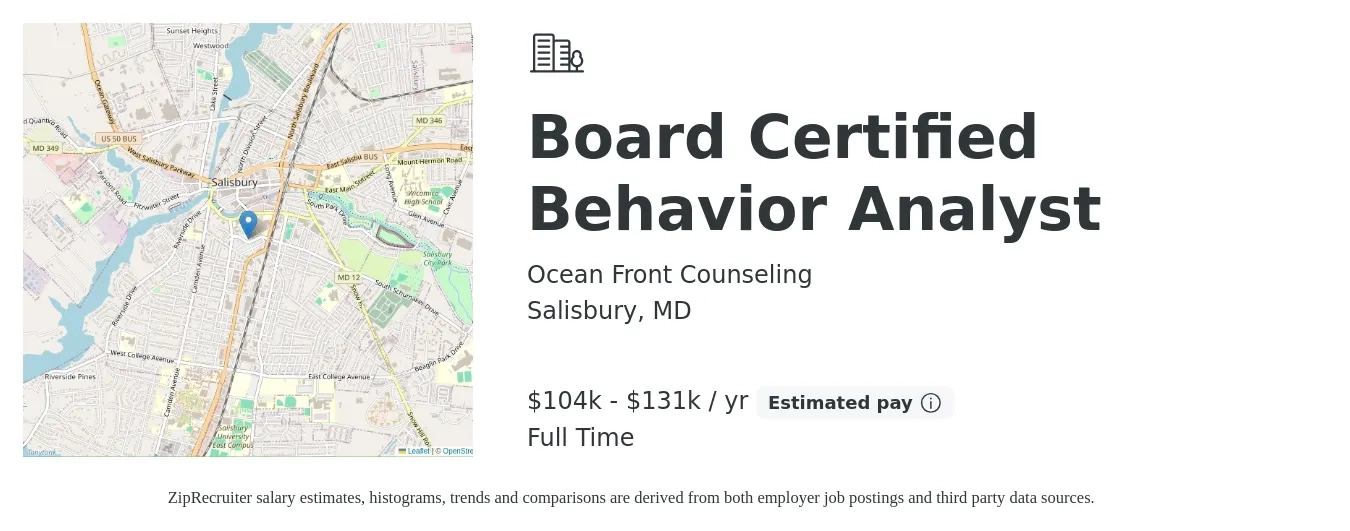 Ocean Front Counseling job posting for a Board Certified Behavior Analyst in Salisbury, MD with a salary of $104,000 to $131,000 Yearly with a map of Salisbury location.