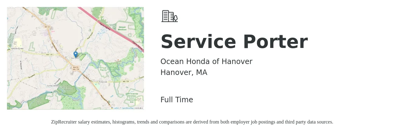 Ocean Honda of Hanover job posting for a Service Porter in Hanover, MA with a salary of $16 to $19 Hourly with a map of Hanover location.