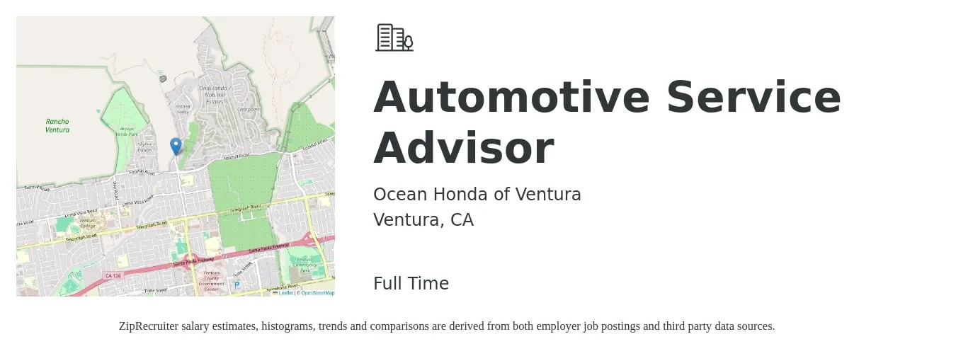 Ocean Honda of Ventura job posting for a Automotive Service Advisor in Ventura, CA with a salary of $21 to $34 Hourly with a map of Ventura location.