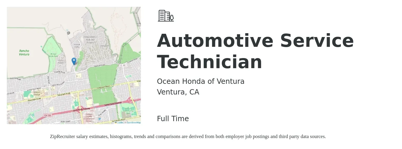 Ocean Honda of Ventura job posting for a Automotive Service Technician in Ventura, CA with a salary of $20 to $33 Hourly with a map of Ventura location.