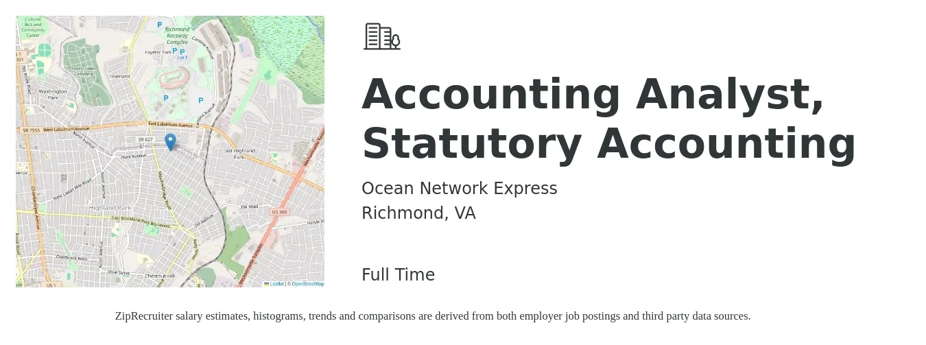 Ocean Network Express job posting for a Accounting Analyst, Statutory Accounting in Richmond, VA with a salary of $55,200 to $72,200 Yearly with a map of Richmond location.