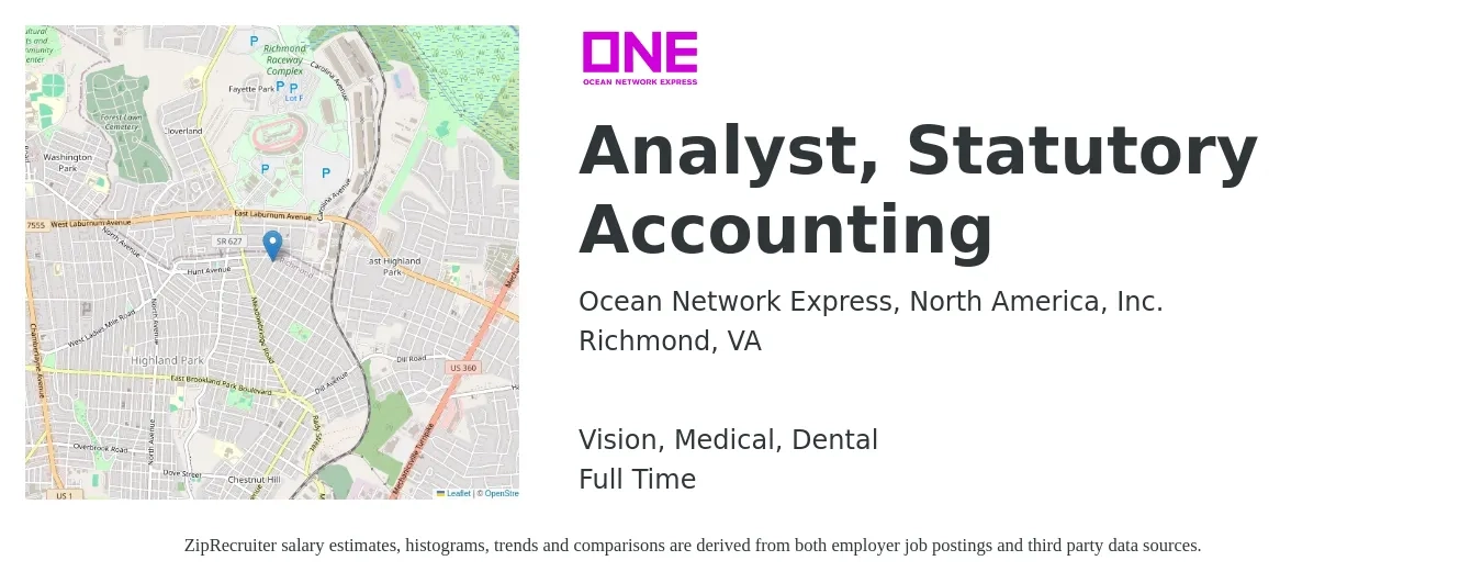 Ocean Network Express, North America, Inc. job posting for a Analyst, Statutory Accounting in Richmond, VA with a salary of $59,400 to $77,700 Yearly and benefits including pto, retirement, vision, dental, life_insurance, and medical with a map of Richmond location.