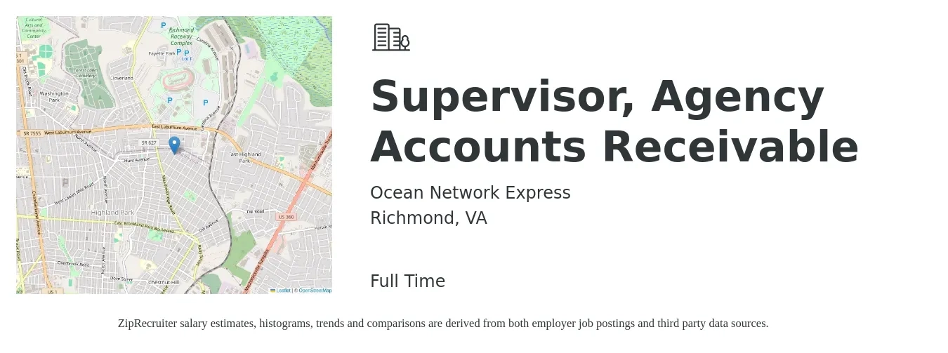 Ocean Network Express job posting for a Supervisor, Agency Accounts Receivable in Richmond, VA with a salary of $54,700 to $80,500 Yearly with a map of Richmond location.