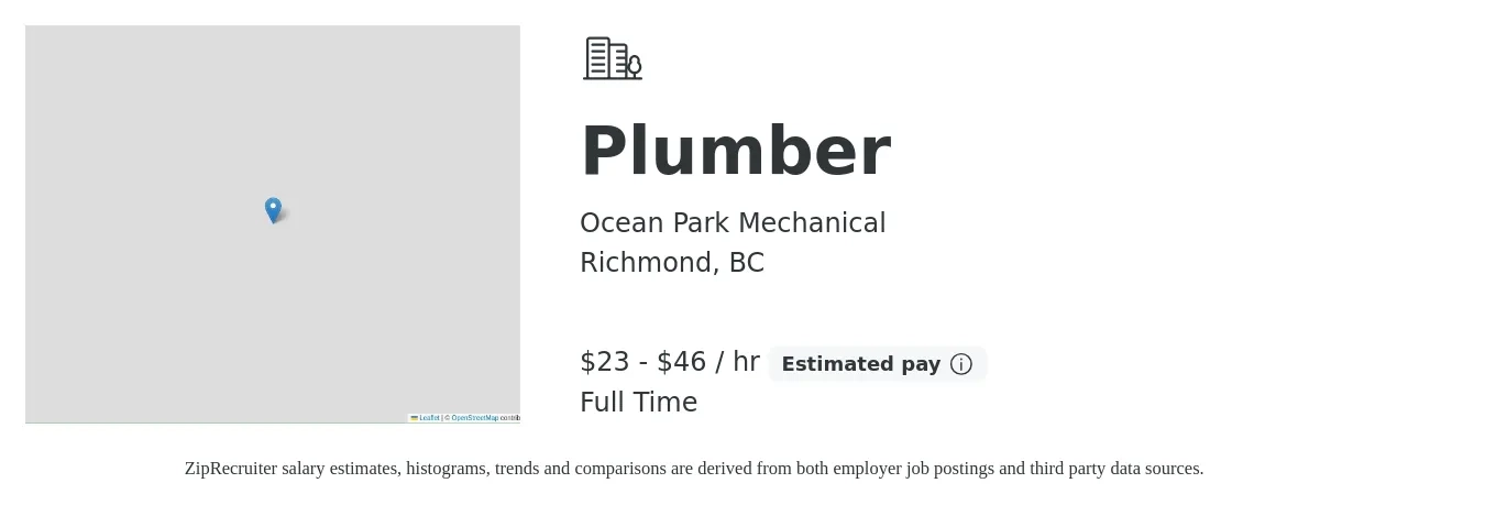 Ocean Park Mechanical job posting for a Plumber in Richmond, BC with a salary of $24 to $48 Hourly with a map of Richmond location.