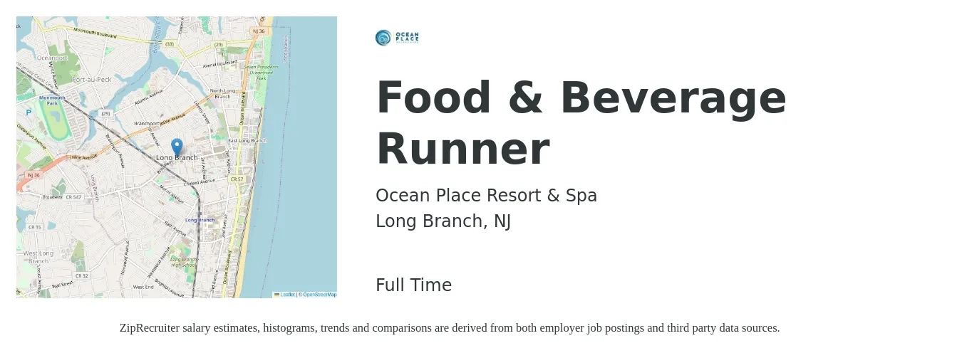 Ocean Place Resort & Spa job posting for a Food & Beverage Runner in Long Branch, NJ with a salary of $11 to $16 Hourly with a map of Long Branch location.